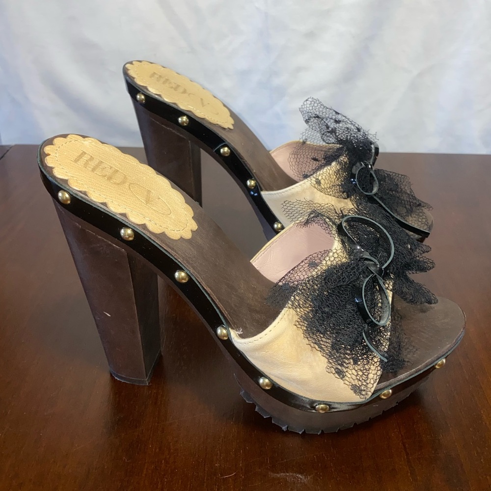 RED Valentino Wooden Platform Heels Leather Tulle Bow Beige Black Brown Studs